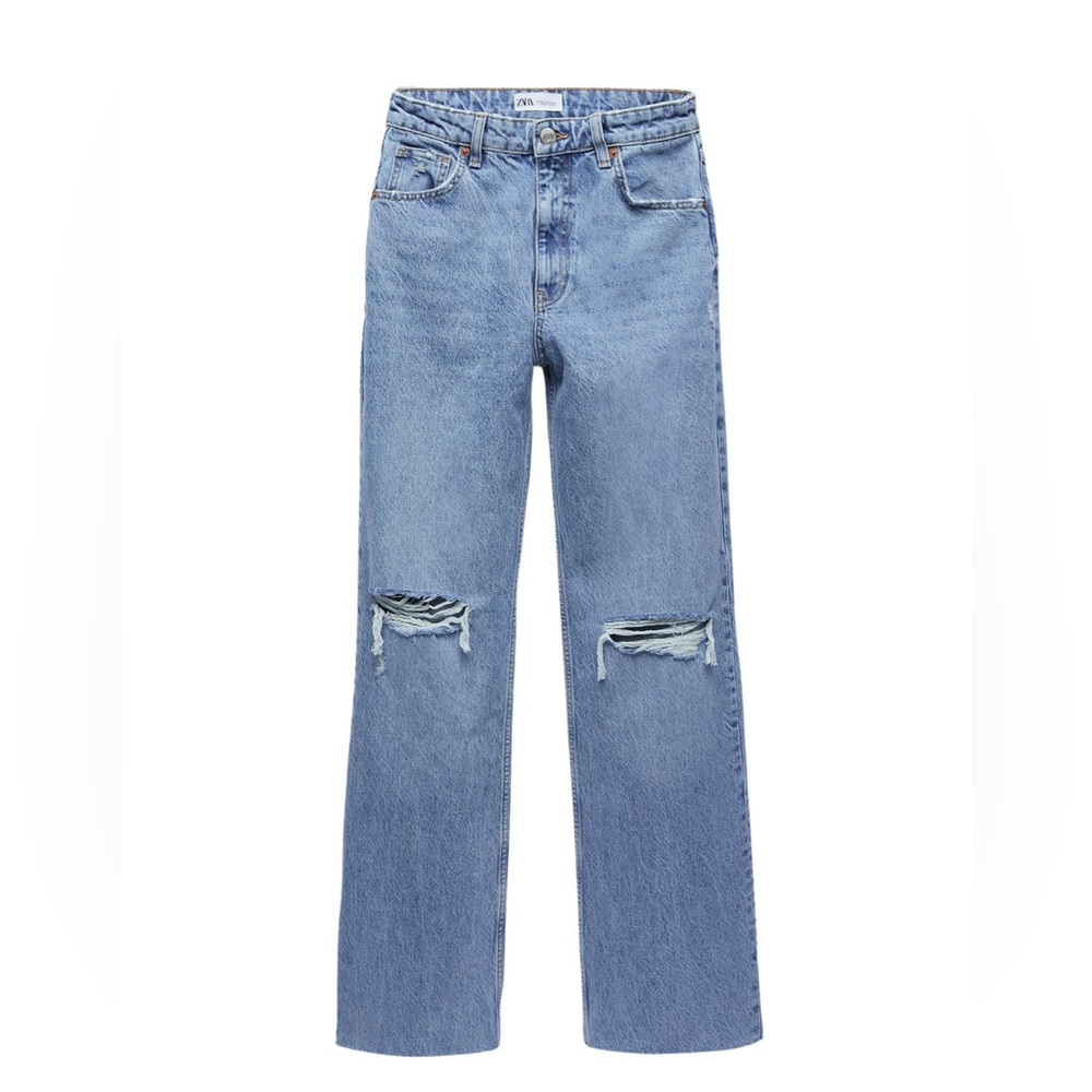 Zara Light Blue Distressed High-Waist Straight Jeans Baggy 38/6